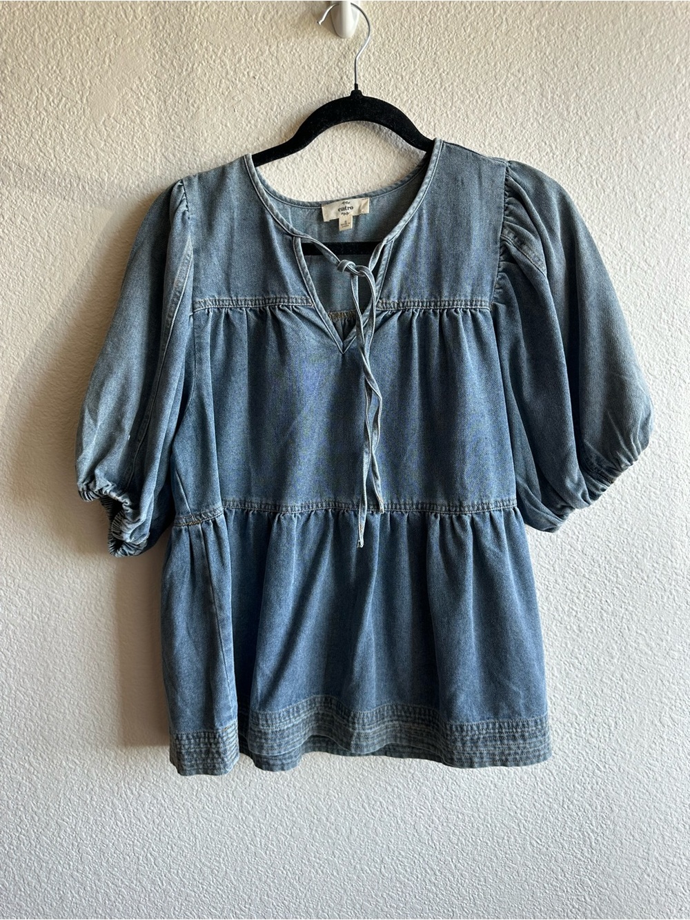 Womens Entro Jean Denim Tunic Top with Tie Neck